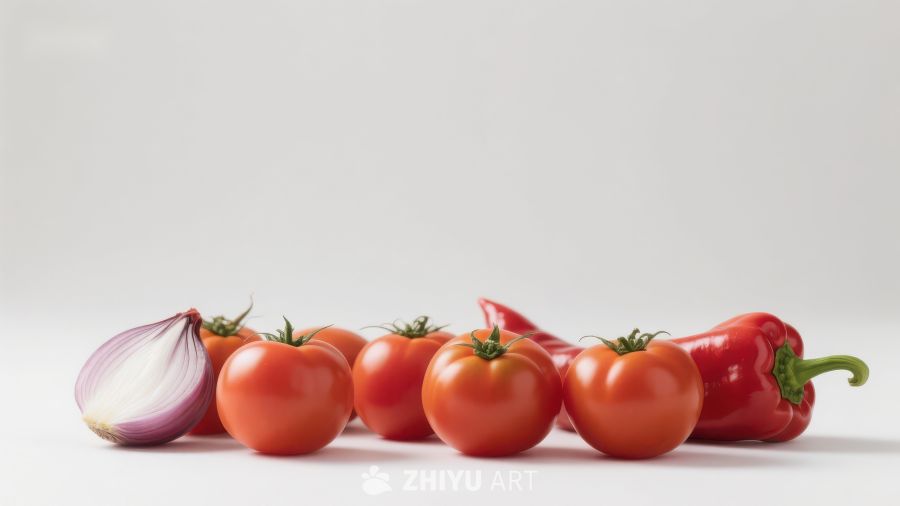 新鲜蔬菜：番茄、洋葱与彩椒