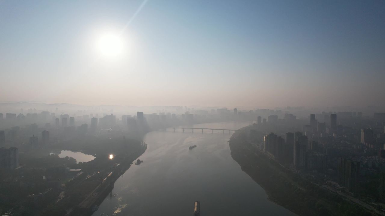 湖南株洲湘江两岸城市建设风光带航拍 