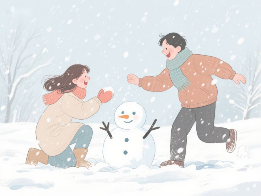 冬日雪地，两人堆雪人 90