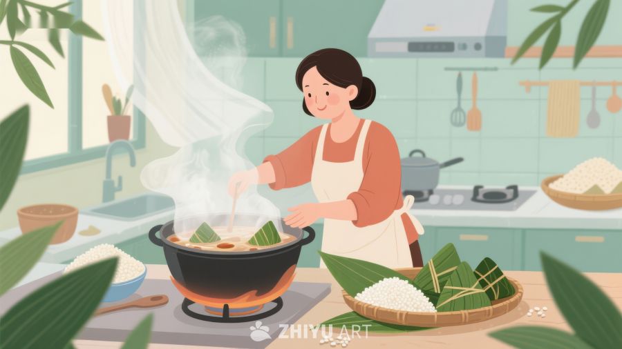 厨房里蒸煮粽子的温馨场景 15
