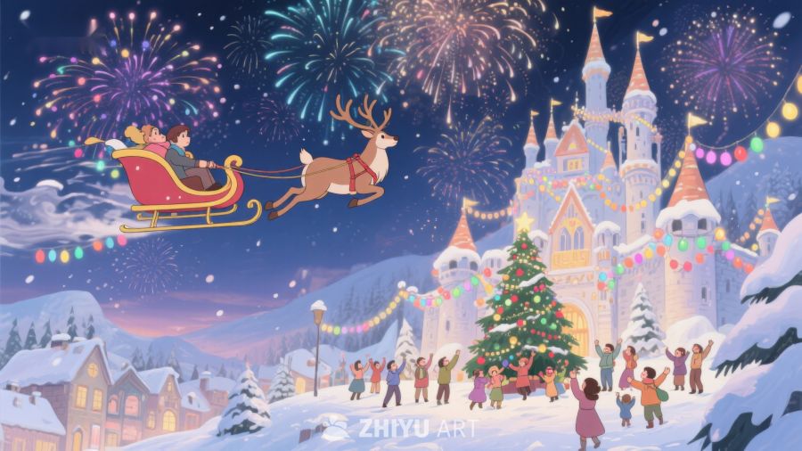 圣诞夜空中飞越城堡的雪橇 201