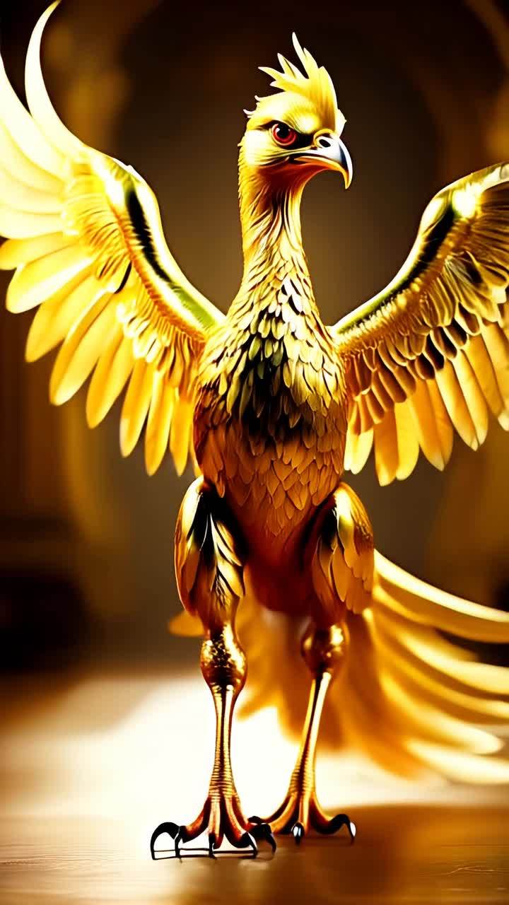 一只由纯金制成的凤凰正在优雅地移动，它迈着有力而优