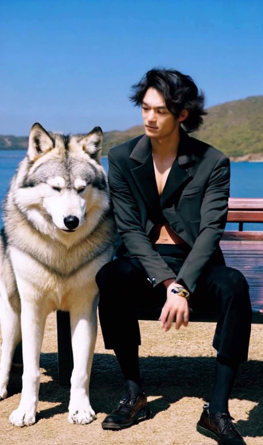 一名男子和一只狼坐在海边的长椅上。男子穿着黑色西装