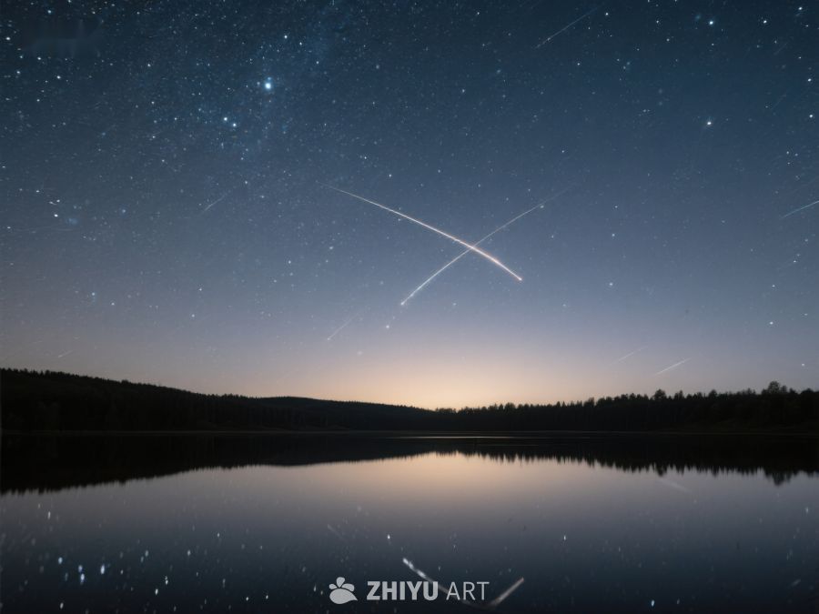 夜空流星划过湖面倒影 261