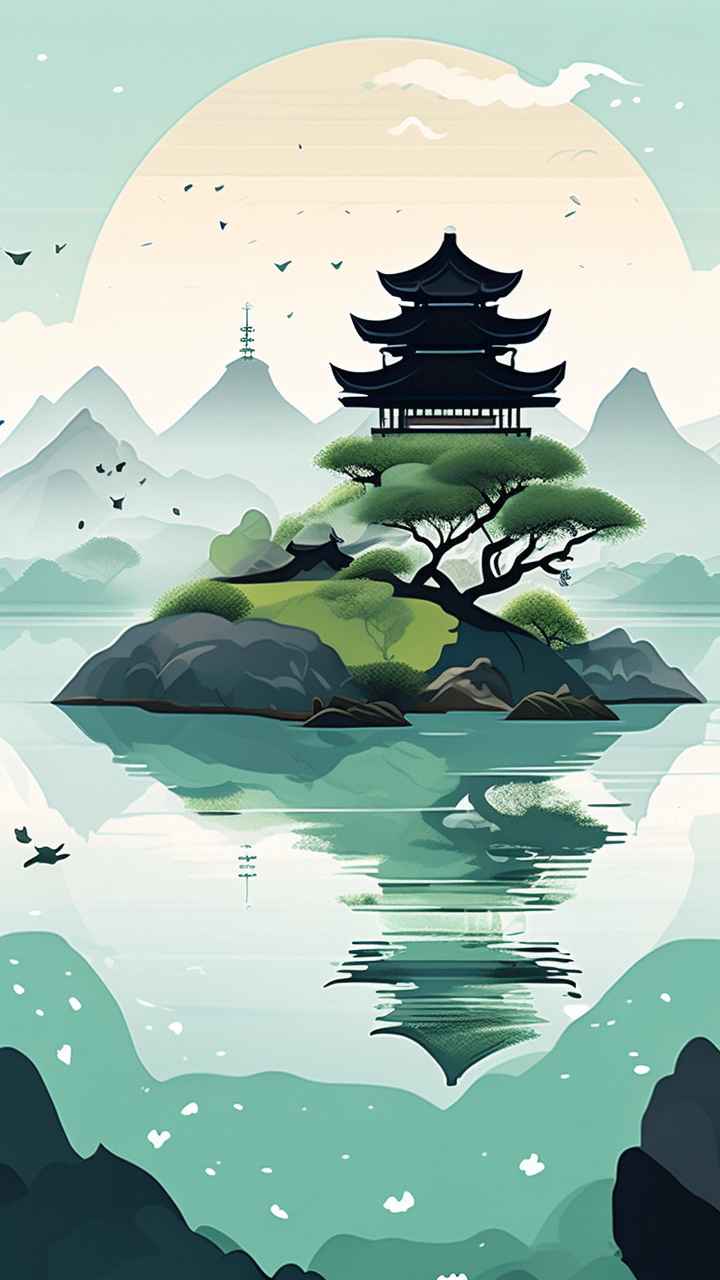 中国画园林植物水亭子插画 12