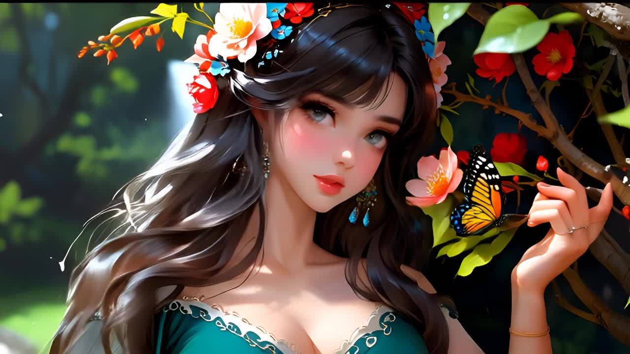 一位长发黑发的女子轻柔地旋转着橙色和黄色的花朵枝条