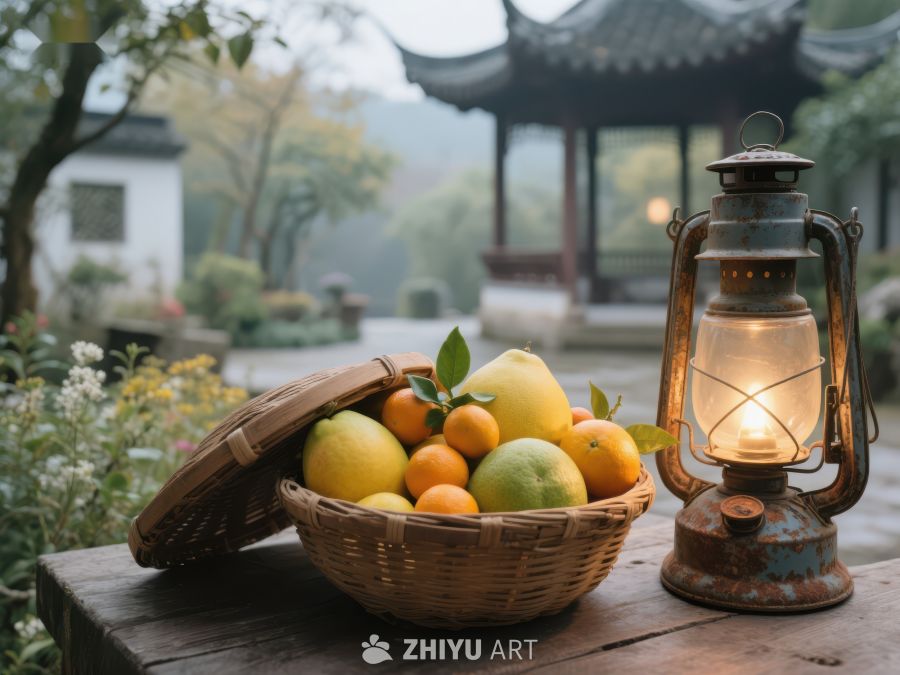 古灯旁的果篮与庭院景致 270