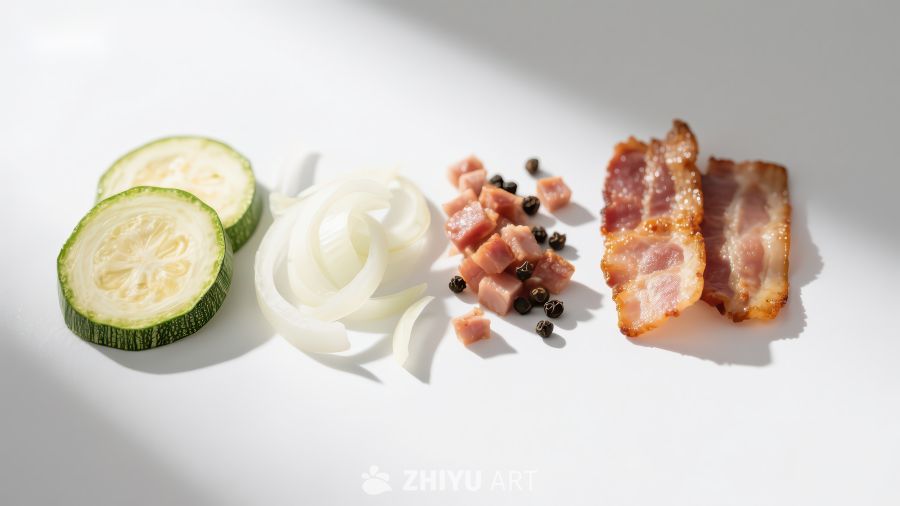 新鲜食材：黄瓜、洋葱、培根与黑胡椒