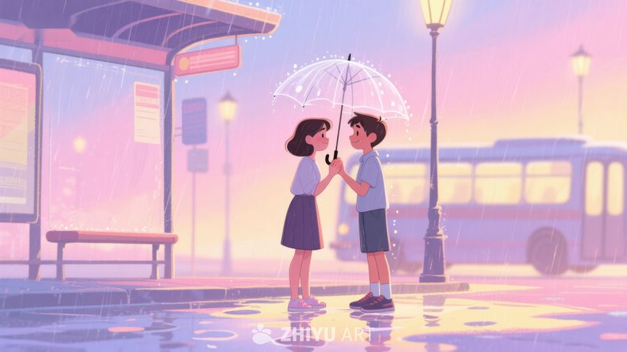 雨中公交站的温馨相遇 642