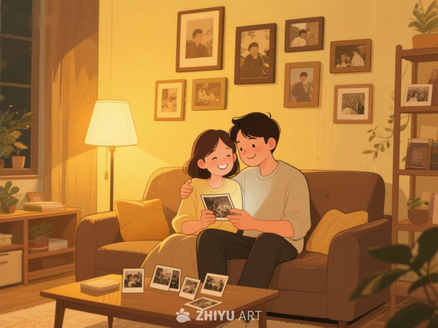 温馨夜晚，情侣共赏旧照片 837