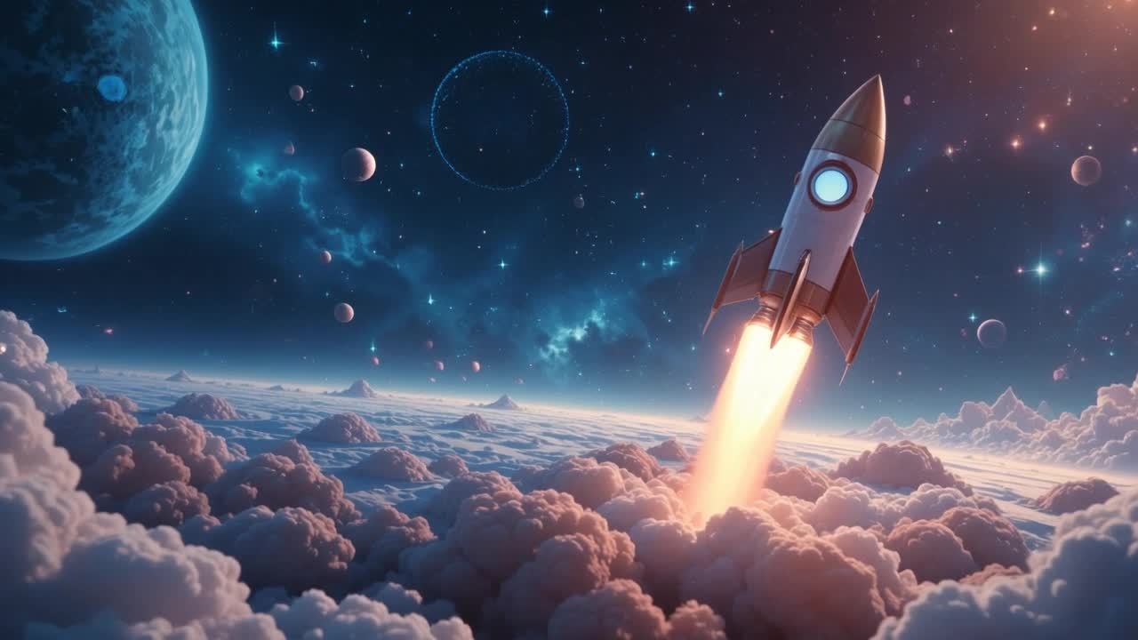 火箭从云层中升起，朝向星空飞去。火箭的形状和外观没