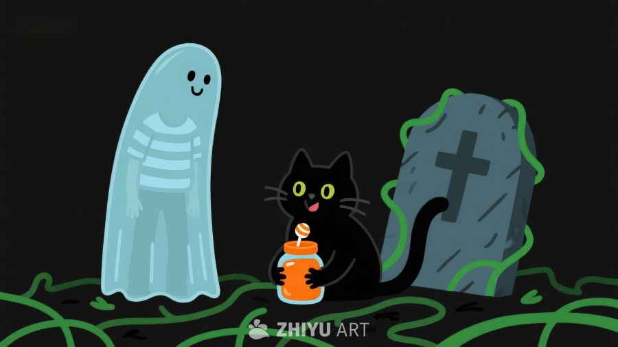 幽灵与黑猫在墓碑旁的万圣夜