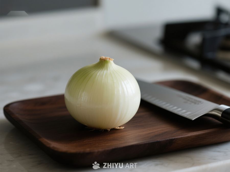 洋葱置于砧板旁配刀具 595