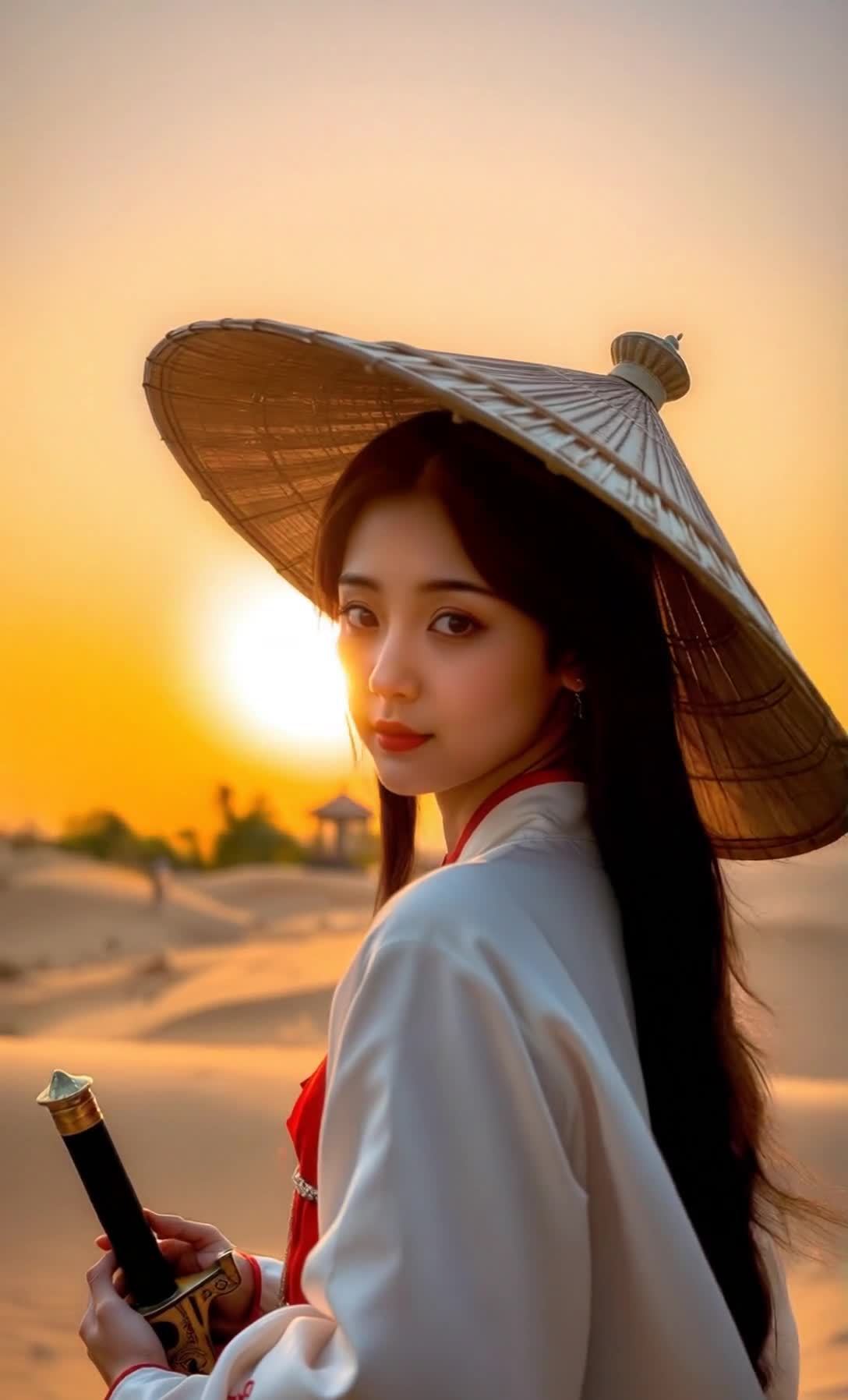 一个古装女子缓缓看向镜头，面带微笑。她戴着草帽，身