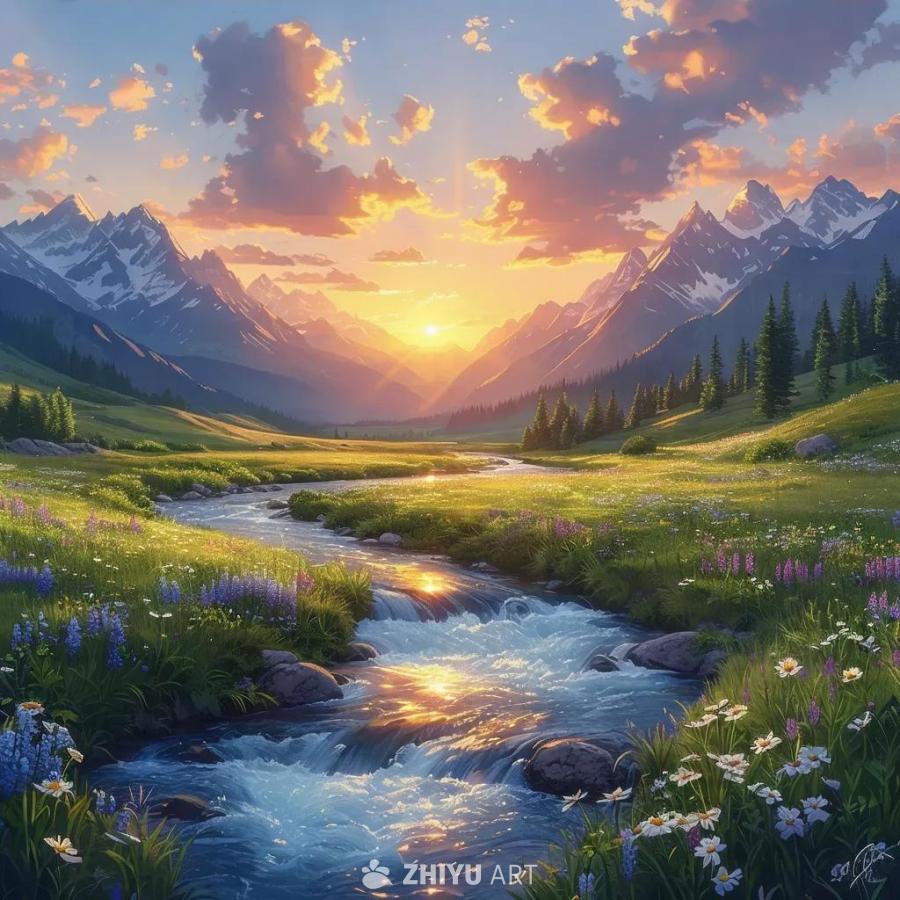 夕阳西下，一幅宁静而风景如画的景象。一条流淌的河流