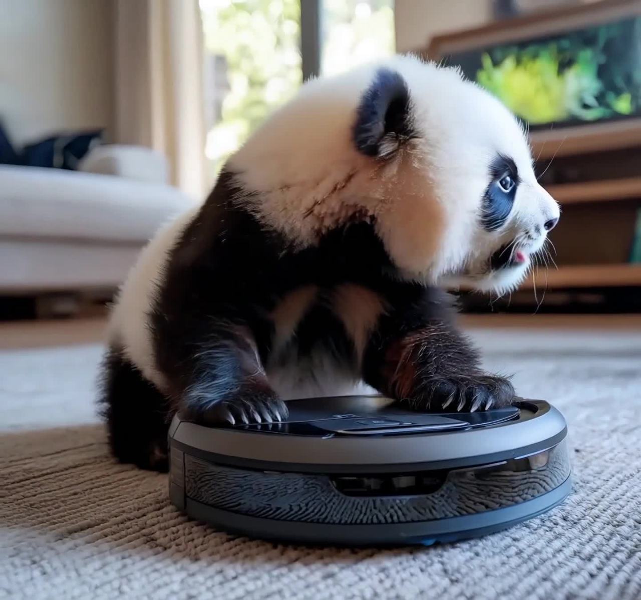 一只熊猫幼崽趴在一个圆形吸尘器上，它的嘴巴张开，似