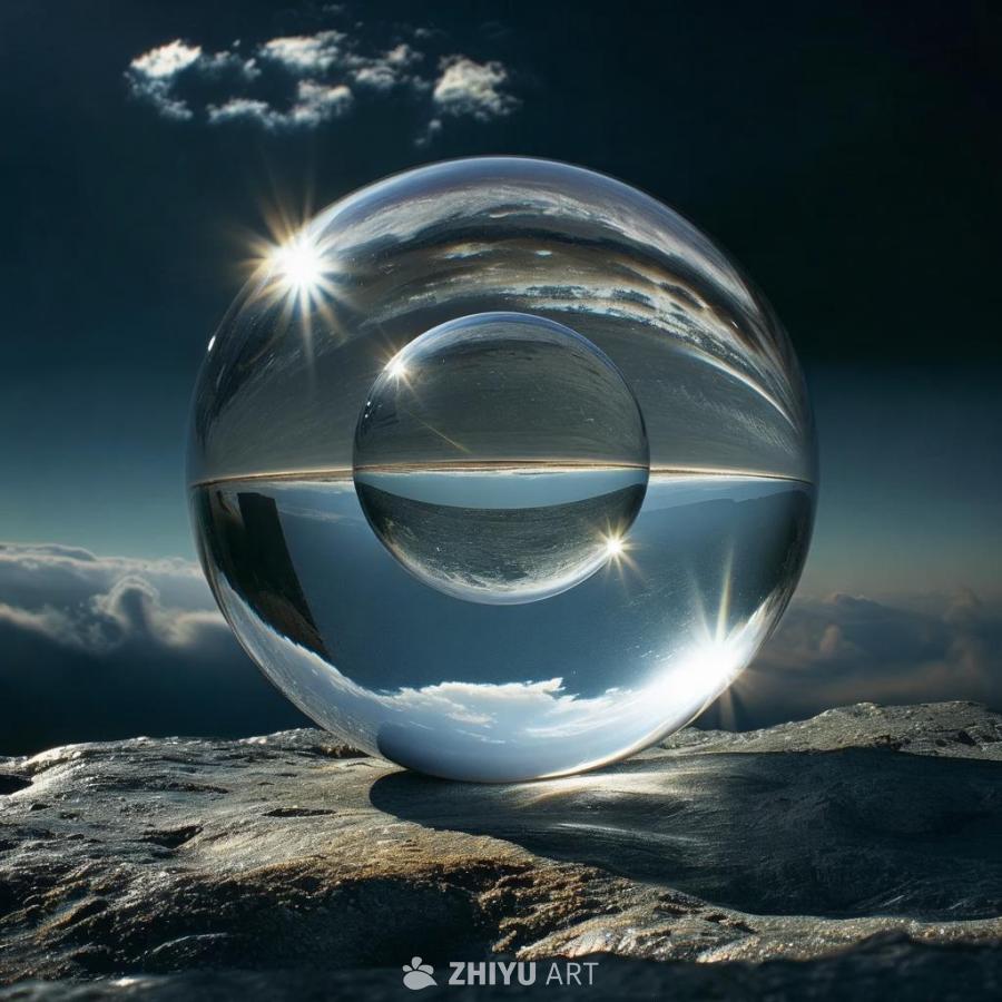 一个较大的透明球体位于粗糙的岩石表面上。球体内部包