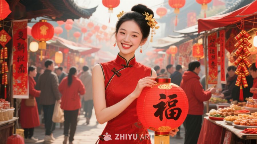 女子身着红裙手持灯笼，喜庆街头年味浓 688