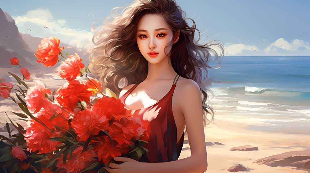 手拿花花的插画美女