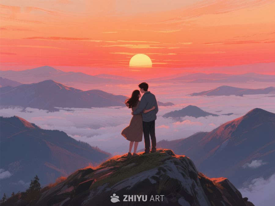 山顶情侣拥抱，共赏日落美景 617