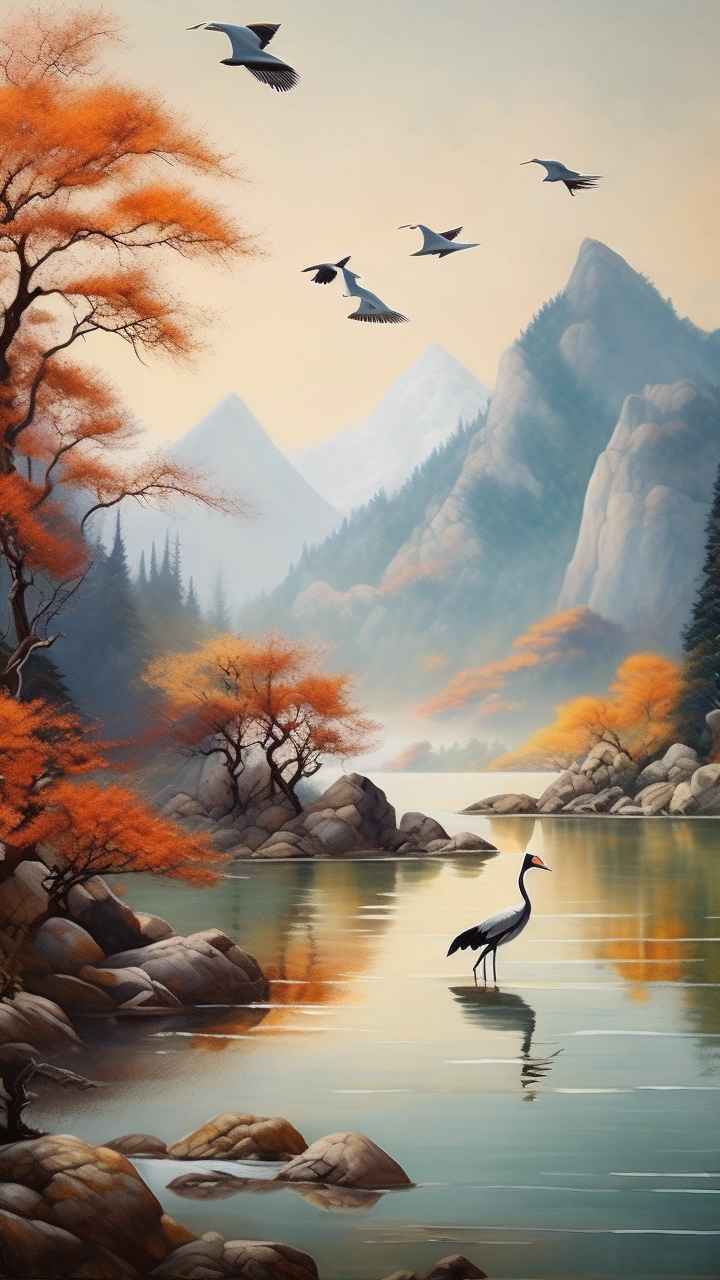 国风山水鹤插画背景 90