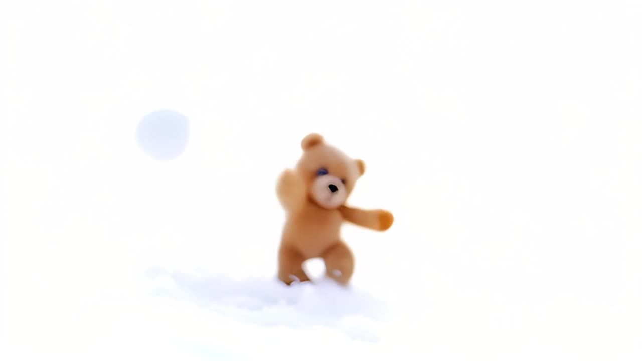 一只棕色的泰迪熊站在雪地上，它前方空中有一个雪球。