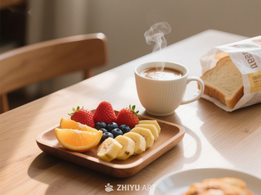 早餐桌上的水果拼盘与热饮 711