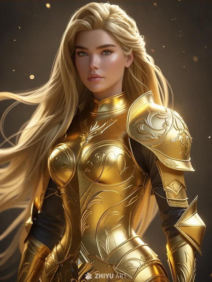画面中呈现一位身穿精致金色盔甲的女性，盔甲设计复杂