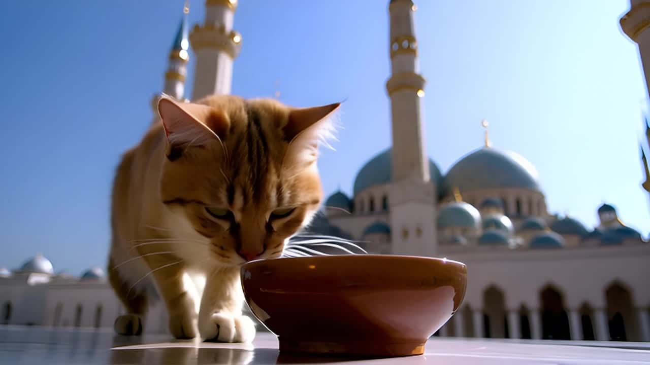 一只猫正在从一个碗里喝东西，它的胡须在动。背景是一