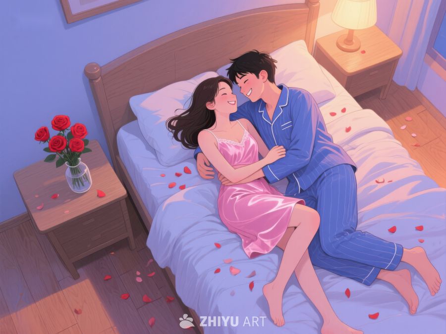 温馨夜晚，情侣床上相拥 815