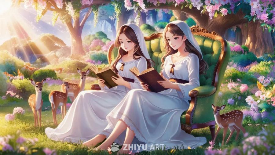 两个穿着白色衣服的动漫女孩坐在一个绿色的椅子上，她