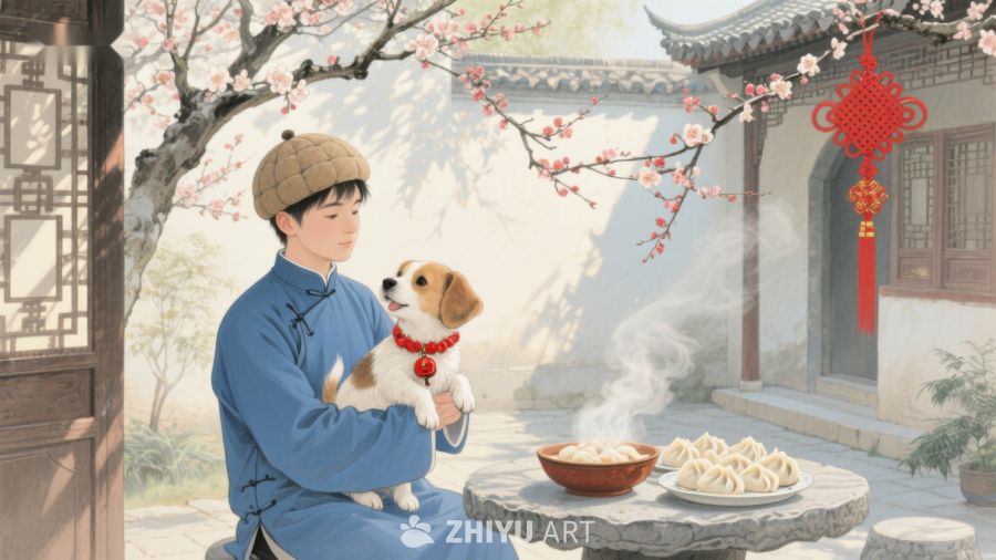 庭院中怀抱小狗的男子 855