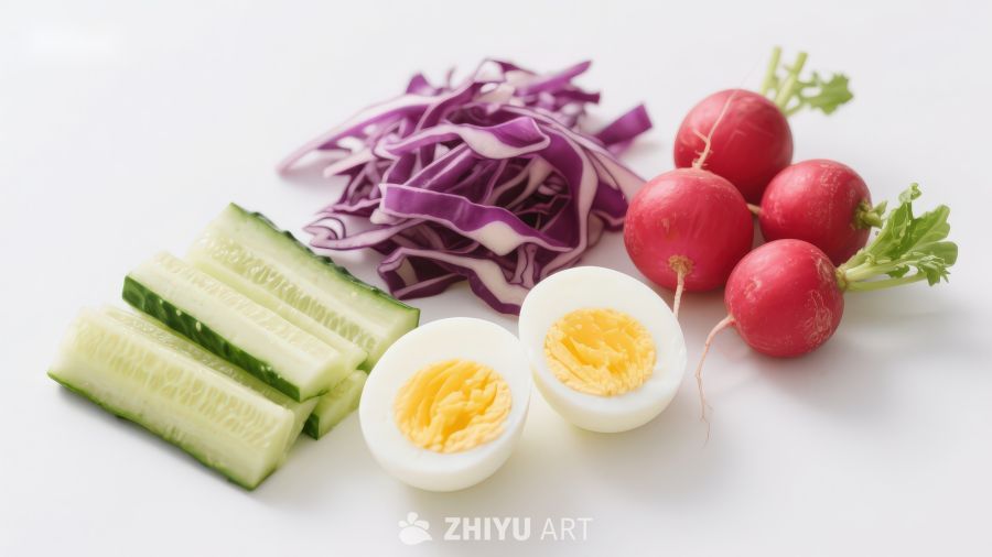 新鲜蔬菜与煮鸡蛋组合