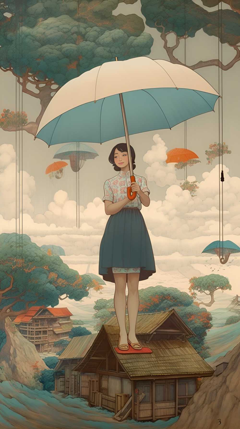 拿着伞的动画片女孩