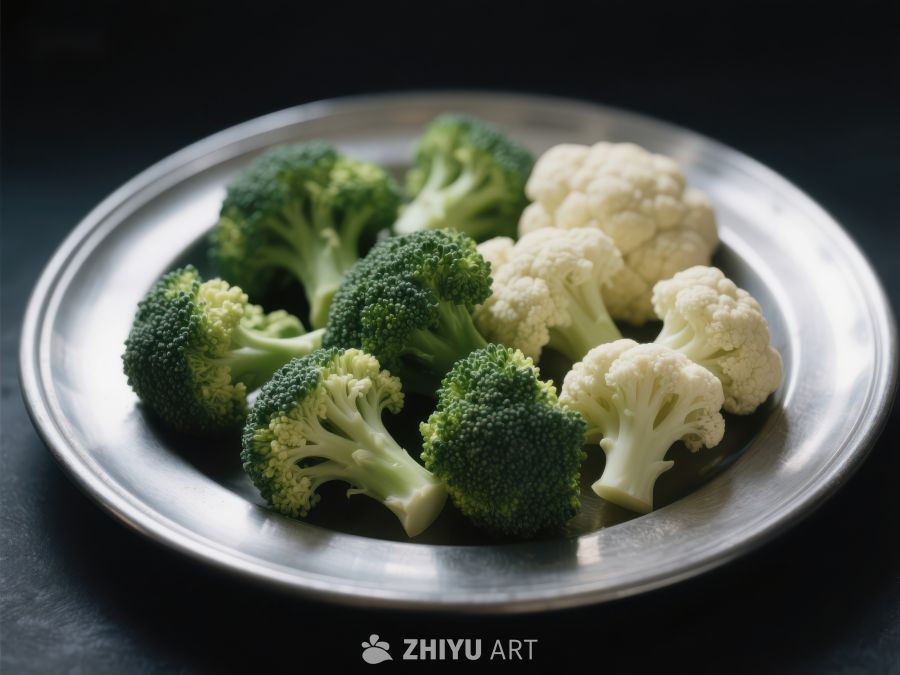 新鲜西兰花与花椰菜盘中摆放 336