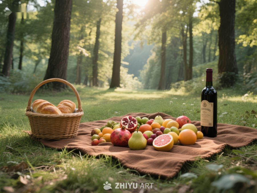 林间野餐：面包水果与红酒 411