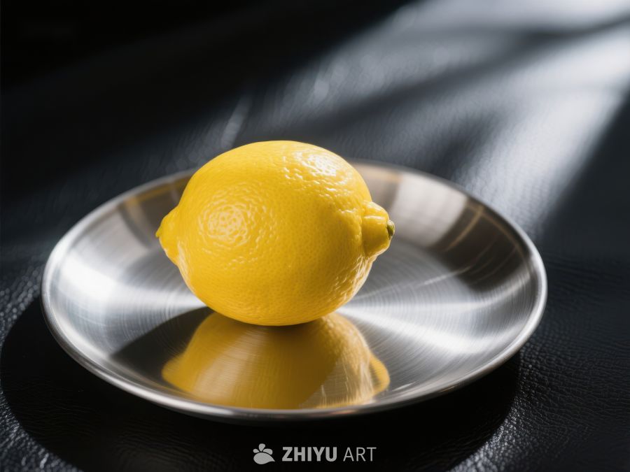 柠檬置于金属盘中，光影交错 281