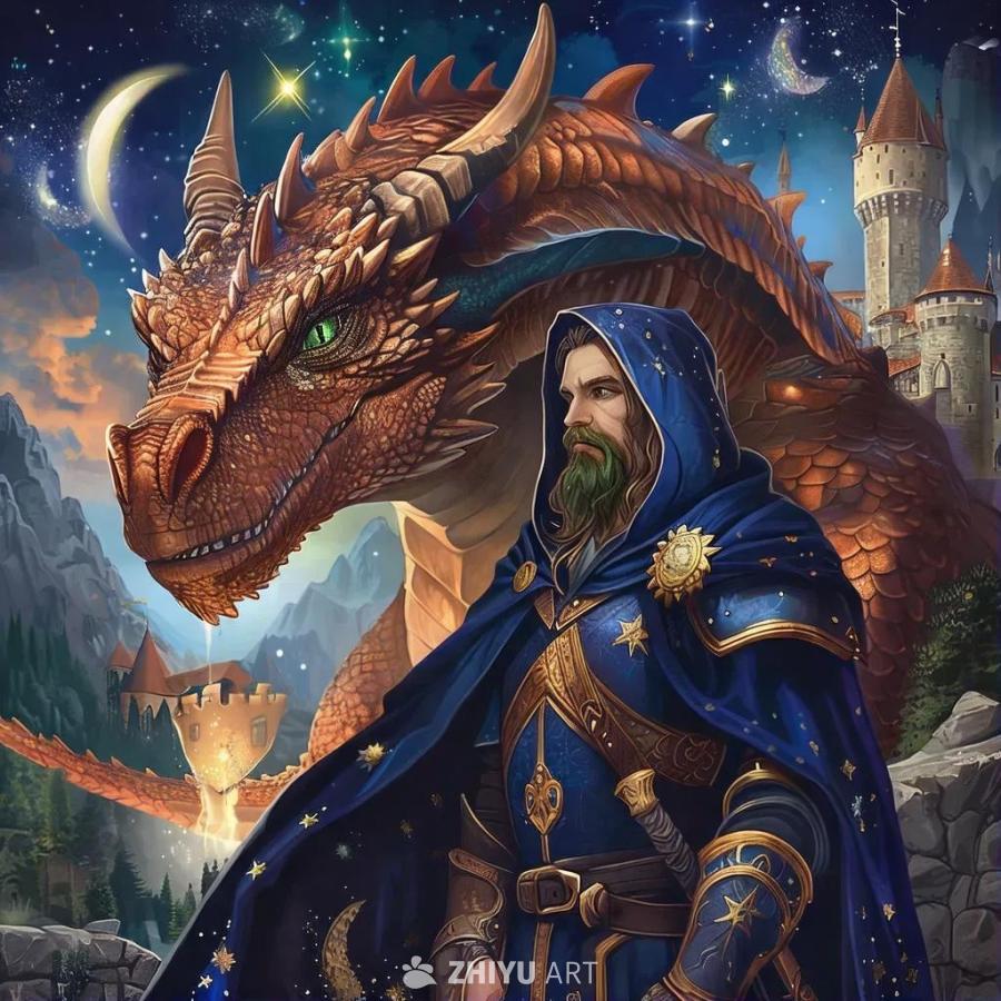 画面中，一条巨大的古铜色天龙法师身穿饰有闪烁星月图