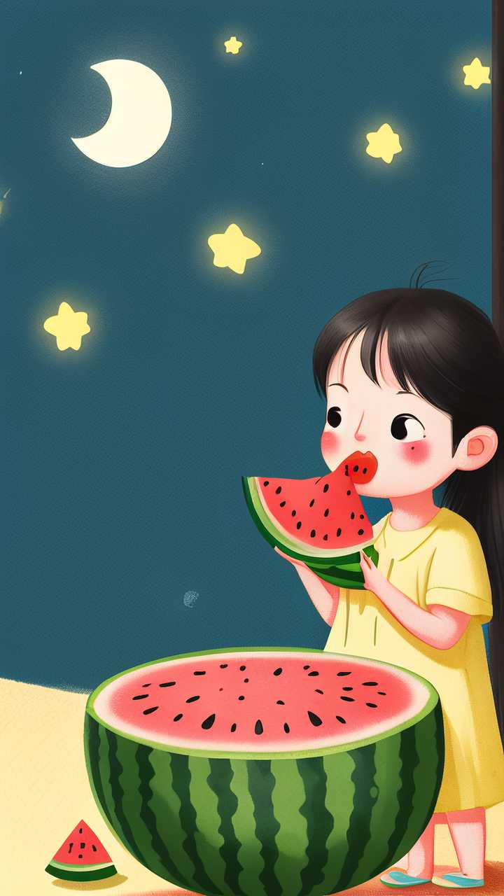 夜晚女孩吃西瓜插画