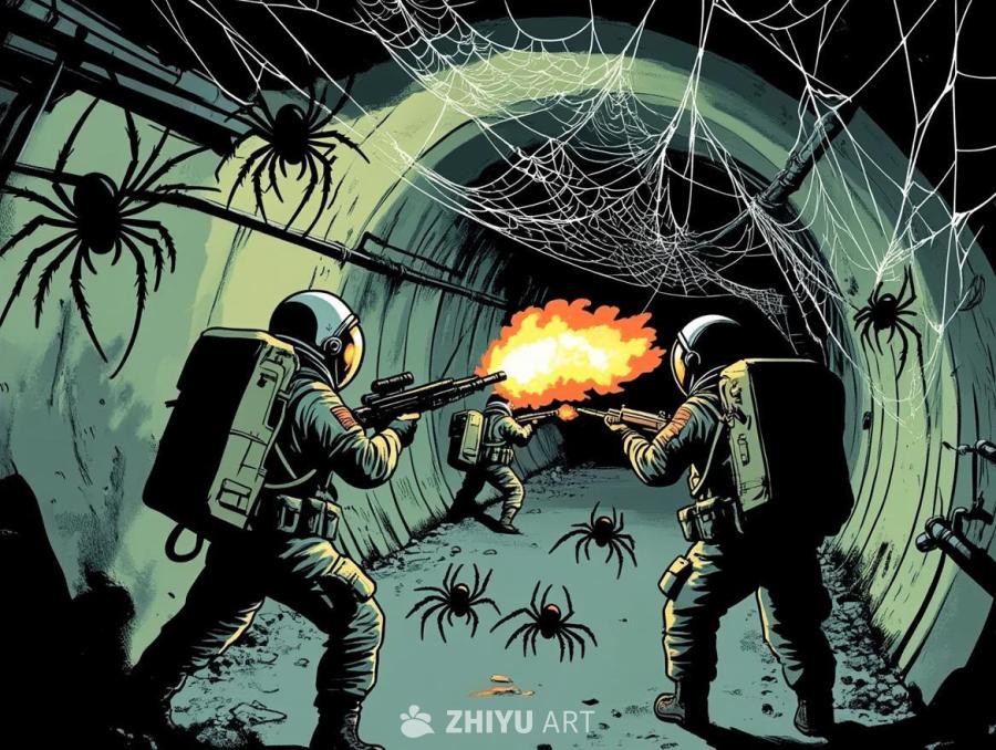 在类似地铁隧道的昏暗场景中，三个穿着宇航服的人拿着
