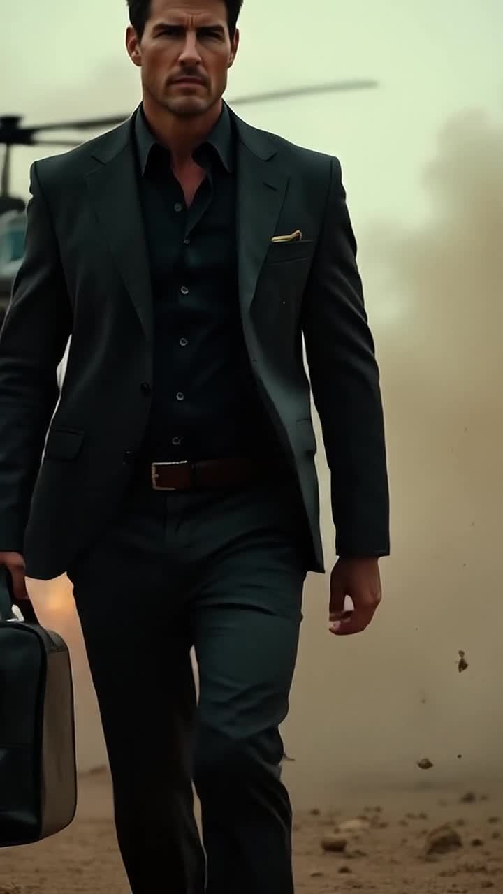 一个身穿黑色西装的男子走在荒芜的地面上，他一只手提