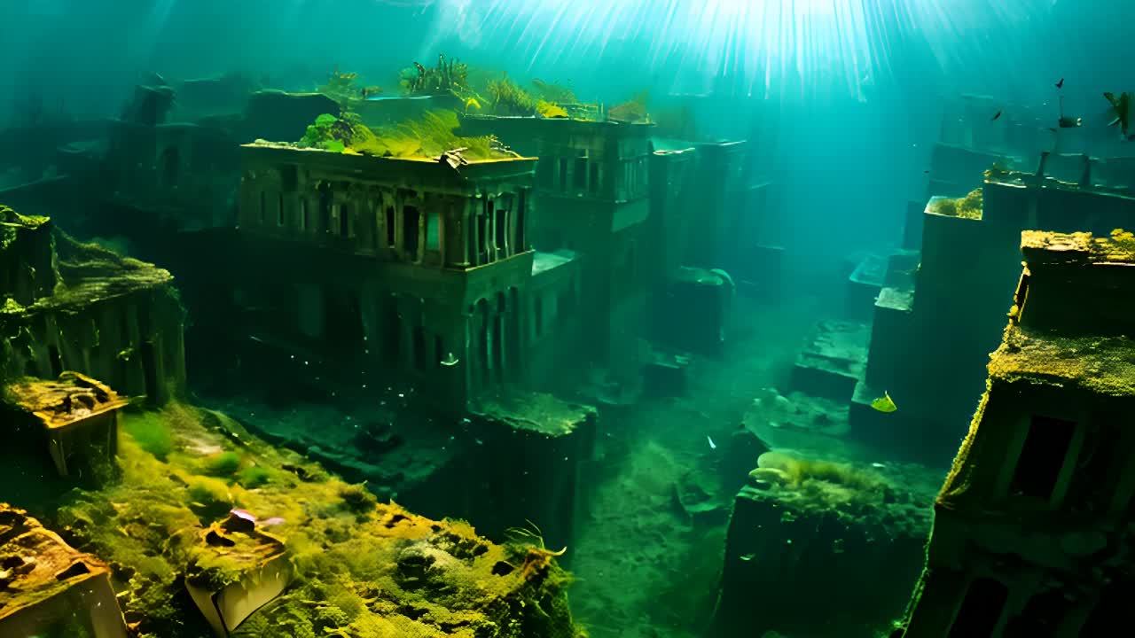 水下城市，建筑上覆盖着藻类。镜头在建筑之间向前推进