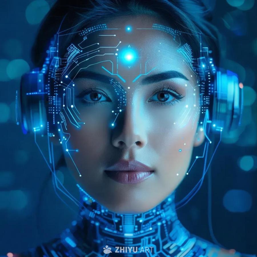 一位女性戴着耳机，头部和颈部覆盖着发光的蓝色电路图