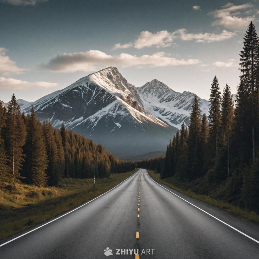 一条道路被茂密的森林环绕，远景是山脉。山脉覆盖着积