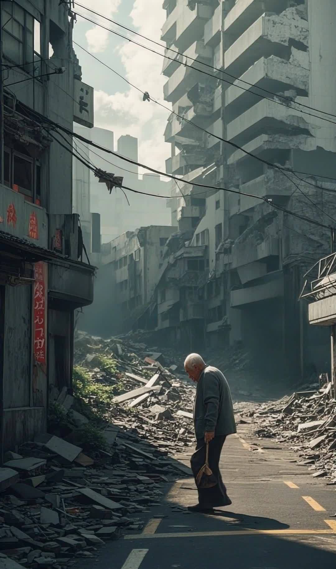 废墟街道上的老人：战后家园重建的希望之光