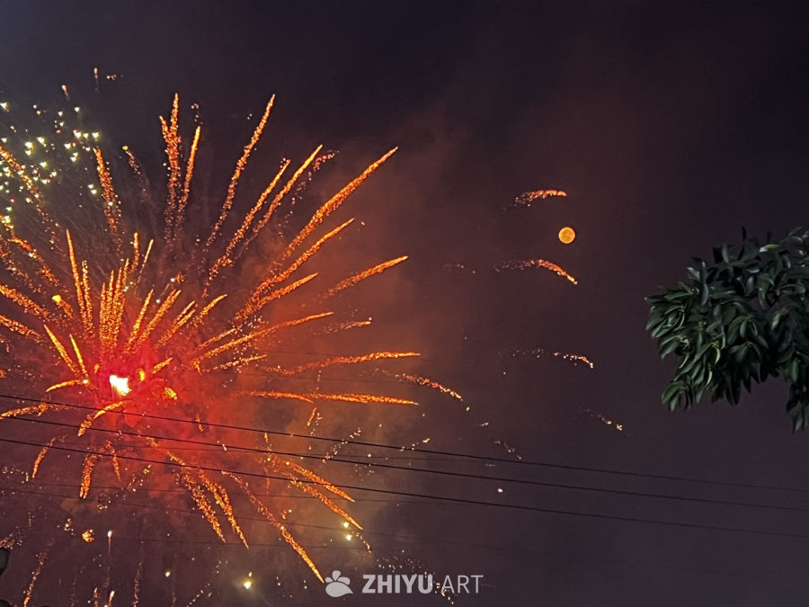 夜空下的烟花与月亮