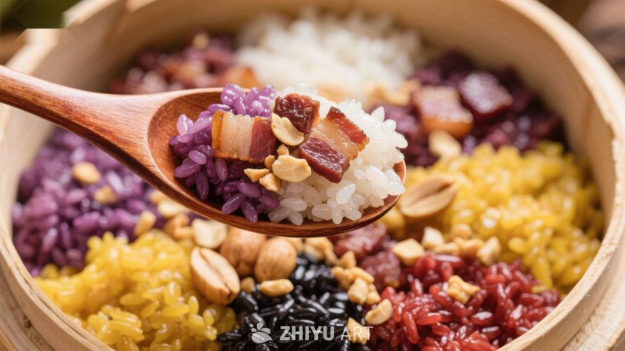 多彩糯米饭，传统美食的视觉盛宴