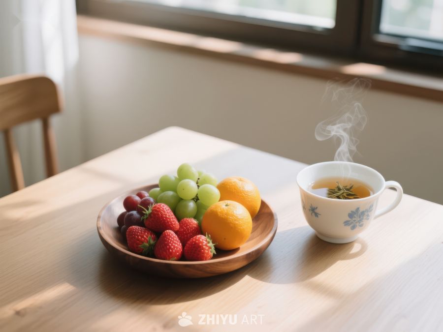 热茶与新鲜水果的温馨早餐 444