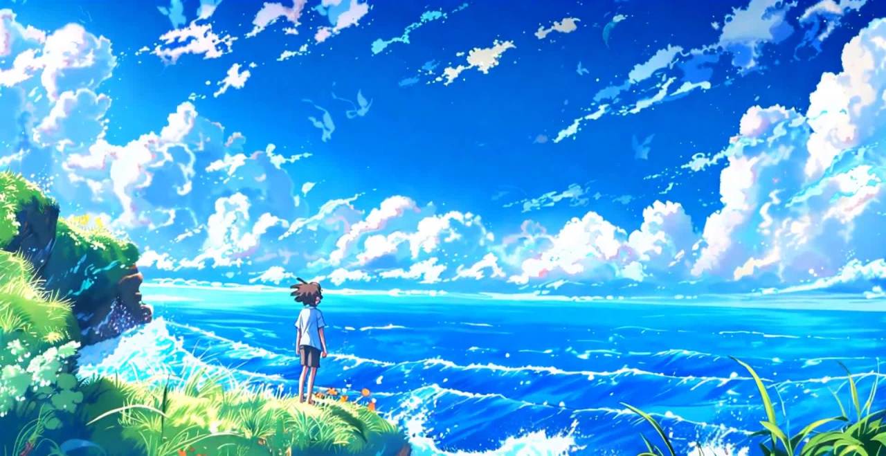 少年伫立海边悬崖，眺望蔚蓝天空与大海