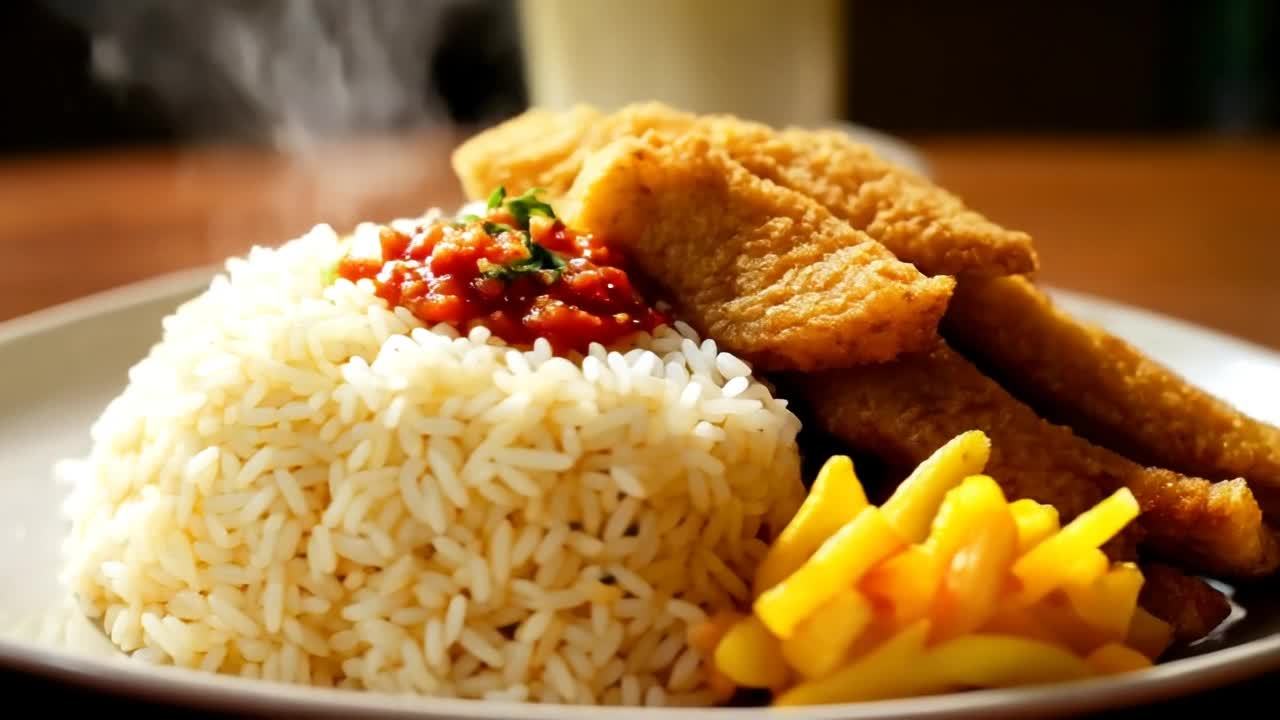 一盘饭菜的特写镜头，白米饭堆成小山状，上面放着红色